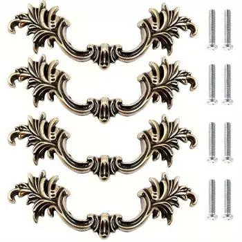 4 шт. французские ручки для ящиков, античная бронза, центры отверстий 3,78 дюйма, цветочные дверные ручки для шкафов, шкафов, комодов (Двойное отверстие с винтами) 4pcs