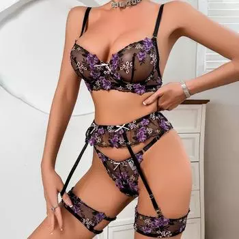4 шт. Французский Сексуальный Кружевной Фиолетовый Комплект Кружевного Белья с Цветочной Вышивкой Женский Ультратонкий Полый Дышащий Бюстгальтер и Стринги с Подвязками и Носками S