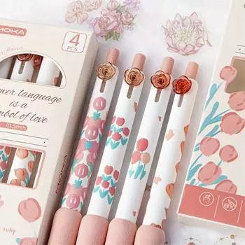 4 шт. гелевых ручек с романтическим фэнтезийным сюжетом, красивые цветочные узоры, выдвижной тонкий наконечник 0,5 мм, шариковые ручки с черными чернилами
