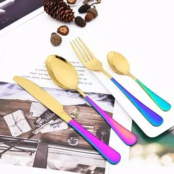 4 шт. Jankng базовая посуда, набор столовых приборов, нож, вилка, ложка, чайная ложка, столовые приборы, радужная ручка, Золотая посуда из нержавеющей стали, набор столовых приборов серебряный