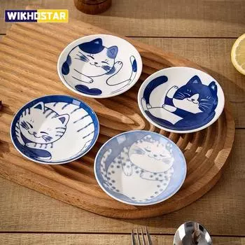 4 шт. керамическая посуда для соуса, тарелка для суши, посуда, десерт в японском стиле, креативная тарелка для специй с узором «Счастливый кот», 4 шт. 4pcs