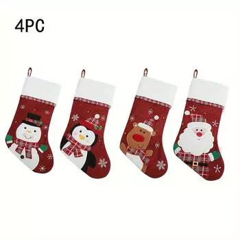 4 шт. Классические рождественские чулки, Полиэстеровый праздничный декор с дизайнами Санты, Снеговика, Оленя, Пингвина, Деревенское рождественское украшение, Рождественские украшения 4pcs