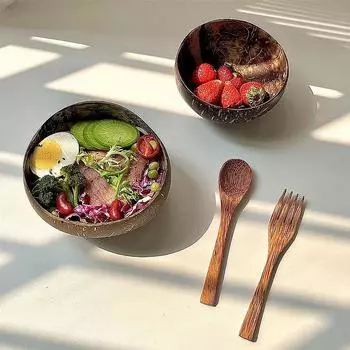 4 шт./компл., чаша, ложка, вилка, кокосовая веревка, нижний держатель, набор натуральных больших чаш для живота