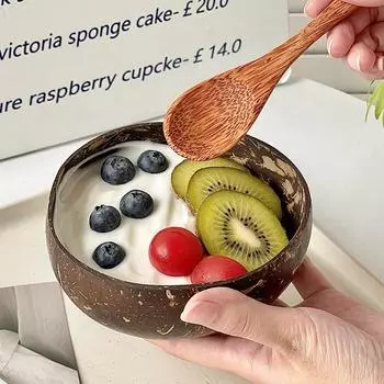 4 шт./компл., чаша, ложка, вилка, кокосовая веревка, нижний держатель, набор натуральных больших чаш для живота S