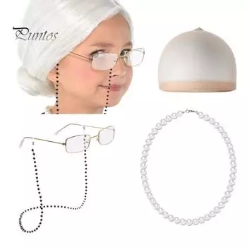 4 шт./компл. детский костюм старушки, комплект вьющихся булочек, парик, ожерелье из искусственного жемчуга, парик, шляпа, очки с цепочкой из бус, школьный комплект для косплея F