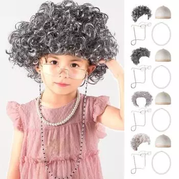 4 шт./компл. детский костюм старушки, комплект вьющихся булочек, парик, ожерелье из искусственного жемчуга, парик, шляпа, очки с цепочкой из бус, школьный комплект для косплея F