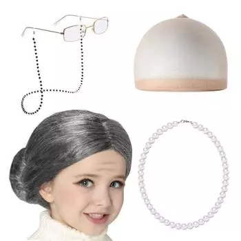 4 шт./компл. детский костюм старушки, комплект вьющихся булочек, парик, ожерелье из искусственного жемчуга, парик, шляпа, очки с цепочкой из бус, школьный комплект для косплея F