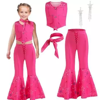 4 шт./компл. комплект ковбойского костюма для девочек, розовый наряд в стиле вестерн, жилет, брюки, шарф, серьги для вечеринок, дней рождения 140cm розы красного