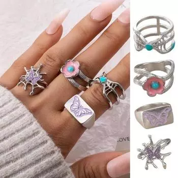 4 шт./компл., комплект женских колец на палец, сплав, бабочки, форма паука, выдалбливают, широкий браслет на палец, ювелирное изделие, подарок