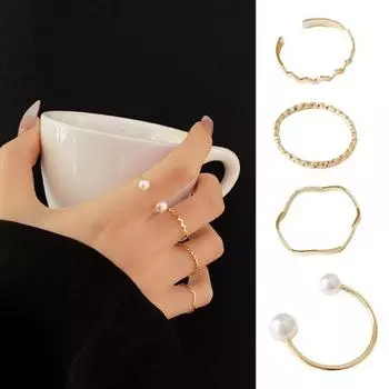 4 шт./компл. комплект женских колец различной формы, нерегулярный искусственный жемчуг, полированный, гладкий, открытый, регулируемый, ювелирные изделия на безымянный палец на костяшке пальца золотистый