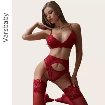 4 шт./компл. комплект женского нижнего белья, кружевной сексуальный комплект нижнего белья, беспроводной бюстгальтер с глубоким V-образным вырезом, сексуальный бюстгальтер, стринги, подвязки и комплект чулок S
