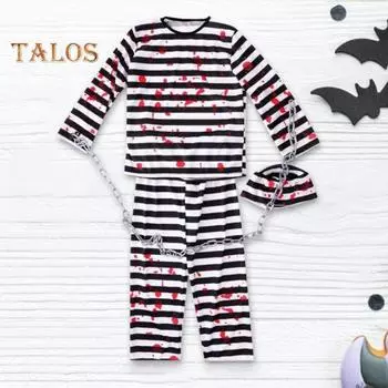 4 шт./компл., костюм на Хэллоуин для взрослых и детей, костюм заключенного с классическим халатом, полосатый принт, топы для ролевых игр, брюки, комплект с цепочкой и шляпой Kid S