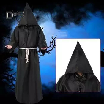 4 шт./компл. костюм плаща на Хэллоуин, средневековый халат монаха, волшебник, косплей, танцевальная тканевая накидка с прочной драпировкой, большая шляпа, ожерелье, веревка на талии S