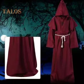 4 шт./компл. костюм плаща на Хэллоуин, средневековый халат монаха, волшебник, косплей, танцевальная тканевая накидка с прочной драпировкой, большая шляпа, ожерелье, веревка на талии L красный