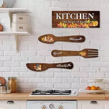 4 шт./компл., летний деревенский дом, кухонный декор для стен, цветочные принты, деревянная вывеска «Благодарный ест» с вилкой, ложкой, украшение дома B