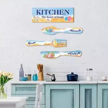 4 шт./компл., летний деревенский дом, кухонный декор для стен, цветочные принты, деревянная вывеска «Благодарный ест» с вилкой, ложкой, украшение дома B