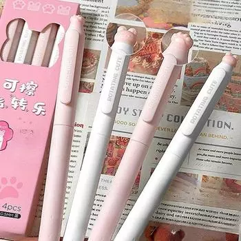 4 шт./компл., милая стираемая гелевая ручка, каваи, мультяшный кот, ручка для письма для студентов, 0,5 мм, синие/черные чернила, стираемая канцелярская ручка Black refill