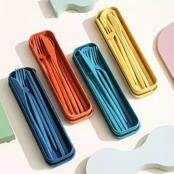 4 шт./компл. многоразовый портативный пластиковый набор столовых приборов с коробкой для хранения, студенческая ложка, вилка, резак, палочки для еды, набор посуды темно-синий