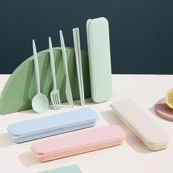 4 шт./компл. многоразовый портативный пластиковый набор столовых приборов с ящиком для хранения для студентов ложка вилка резак палочки для еды набор столовых приборов для путешествий на открытом воздухе зелёный