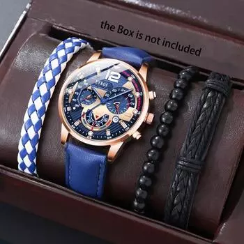 4 шт./компл., модные мужские повседневные простые кварцевые часы с ремешком из искусственной кожи и браслеты, подарок на фестиваль