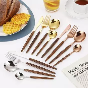 4 шт./компл. набор столовых приборов из нержавеющей стали с деревянной ручкой, обеденная ложка, вилка, нож, посуда для домашней кухни, ресторана, столовые приборы, столовые приборы серебряный