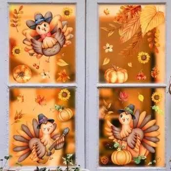 4 шт./компл. наклейки на окна ко Дню благодарения, двухсторонние, индейка, тыква, кленовый лист, подсолнух, праздничное украшение, съемная ПВХ-наклейка на стекло с электростатическим покрытием 4pcs