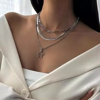 4 шт./компл. ожерелье с подвеской в виде полой звезды для женщин, готическая металлическая цепочка, гранж-ювелирные изделия, серебряный цвет, многослойная цепочка-чокер, ожерелья с подвесками, подарок на вечеринку