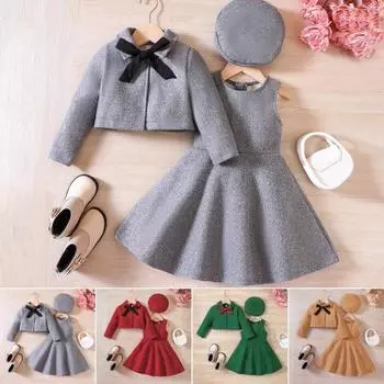 4 шт./компл., платье для девочек, куртка-берет, шапка с лентой и бантом, осень-зима, однотонное короткое пальто с отложным воротником, без рукавов, с круглым вырезом, комплект платьев трапециевидной формы с рюшами по подолу 110cm зелёный