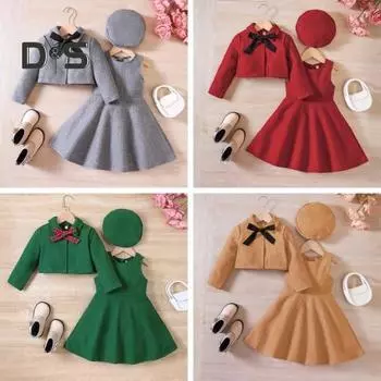 4 шт./компл., платье для девочек, куртка-берет, шапка с лентой и бантом, осень-зима, однотонное короткое пальто с отложным воротником, без рукавов, с круглым вырезом, комплект платьев трапециевидной формы с рюшами по подолу 110cm зелёный