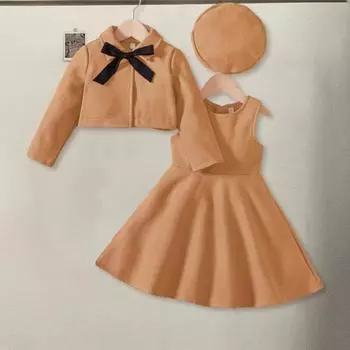 4 шт./компл., платье для девочек, куртка-берет, шапка с лентой и бантом, осень-зима, однотонное короткое пальто с отложным воротником, без рукавов, с круглым вырезом, комплект платьев трапециевидной формы с рюшами по подолу 110cm зелёный