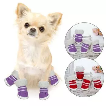 4 шт./компл. плюшевая зимняя обувь для собак, регулируемая теплая обувь для щенков, чехол для ног для щенков S красный