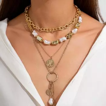 4 шт./компл., преувеличенное многослойное ожерелье из сплава, набор из цепочек, золотистого цвета, нерегулярные жемчужины, ключицы, женские ожерелья, очаровательные ювелирные изделия, подарок