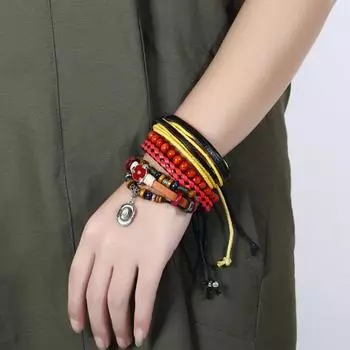 4 шт./компл. ретро этнический многослойный плетеный женский браслет из искусственной кожи с деревянными бусинами 2#