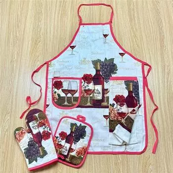 4 шт./компл. ретро винтажный винный принт хлопковый фартук комплект с карманом полотенце для рук коврик для стола перчатки кухонные принадлежности для выпечки чистящие средства