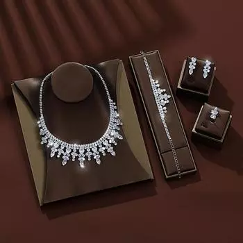 4 шт./компл. серебряного цвета, белый циркон, комплект ювелирных изделий, подвеска с кристаллами, ожерелье, браслет, серьги, комплект колец, комплект ювелирных изделий для свадебной вечеринки, подарок белый