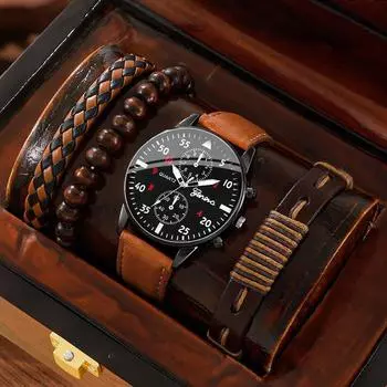 4 шт./компл., стильные мужские кварцевые часы и браслет в подарочной упаковке — идеально подходят для деловой и повседневной одежды