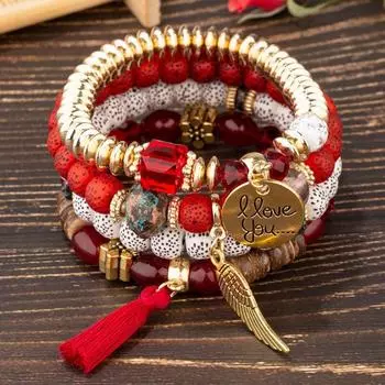 4 шт./компл., винтажные эластичные браслеты с кисточками из веревки, эффектные разноцветные каменные браслеты ручной работы с бусинами, модные вечерние ювелирные изделия