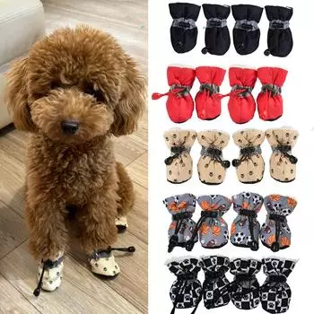 4 шт./компл. водонепроницаемая зимняя обувь для собак, нескользящие непромокаемые зимние сапоги, толстая теплая обувь для маленьких кошек, щенков, собак, носки, пинетки XS чёрный