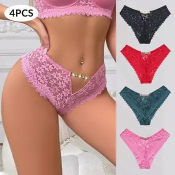 4 шт./компл. женские кружевные блестящие треугольные трусики со стразами и цветочным принтом, сексуальные трусы-стринги SML XL S разноцветный