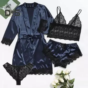 4 шт./компл. женский ночной костюм сексуальный кружевной бюстгальтер на бретельках стринги короткие брюки глянцевый искусственный атлас пояс свободная ночная рубашка комплект одежды для сна XL фиолетовый