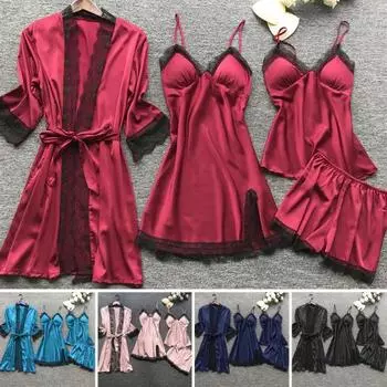 4 шт./компл., женский пижамный комплект, шелковистая съемная нагрудная подушечка, кружевная эластичная талия, лоскутное платье, сексуальный кардиган с разрезом, пальто, верхнее платье, шорты, комплект для домашней одежды M серебряный серый