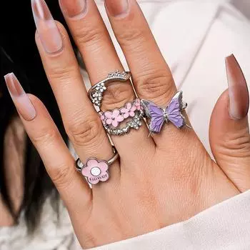 4 шт./комплект Кольцо Розовый Цветок Фиолетовая Бабочка Бриллиант Капля Масло Кольцо серебряный