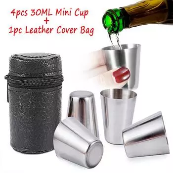 4 шт./комплект полированных 30 мл мини-рюмок из нержавеющей стали для питья вина с кожаным чехлом для домашнего кухонного бара