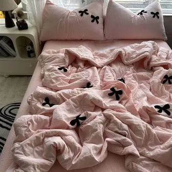 4 шт./комплект, приятное для кожи, промытое водой хлопковое бантовое полотенце, вышитое летнее прохладное одеяло, роскошное шелковое стеганое одеяло, японское минималистичное стиранное спальное одеяло 150x200cm синий