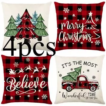 4 шт./комплект, рождественская красная черная клетчатая наволочка, льняная наволочка с принтом рождественской елки, наволочка без подушки 45cmX45cmX4PCS