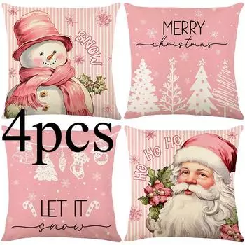 4 шт./комплект, розовый чехол для подушки Санта-Клауса, льняной чехол для диванной подушки с принтом в виде буквы, для дома, гостиной, спальни, без подушки-сердечника 45cm*45cm