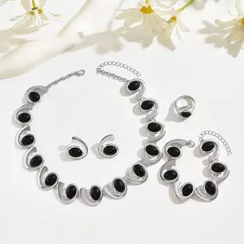 4 шт./комплект Серебряный женский модный простой комплект из ожерелья, сережек, браслета и кольца белый