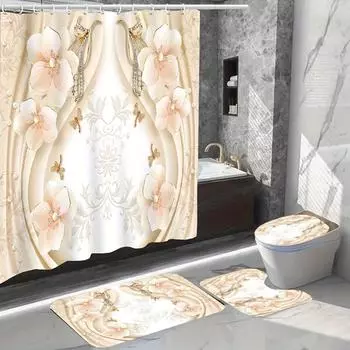 4 шт., комплект занавесок для душа с цветком, водонепроницаемый комплект с 12 крючками, коврики для сиденья для унитаза, нескользящий коврик для ванной комнаты, занавеска 4Pcs