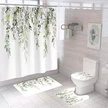 4 шт./комплект занавесок для ванной комнаты с абстрактным дизайном и принтом листьев, нескользящий коврик для пола, водонепроницаемый, простой в установке и уходе, декор для ванной комнаты 4pcs зелёный