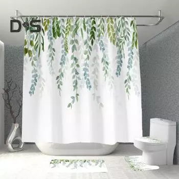 4 шт./комплект занавесок для ванной комнаты с абстрактным дизайном и принтом листьев, нескользящий коврик для пола, водонепроницаемый, простой в установке и уходе, декор для ванной комнаты, туалет 4pcs зелёный